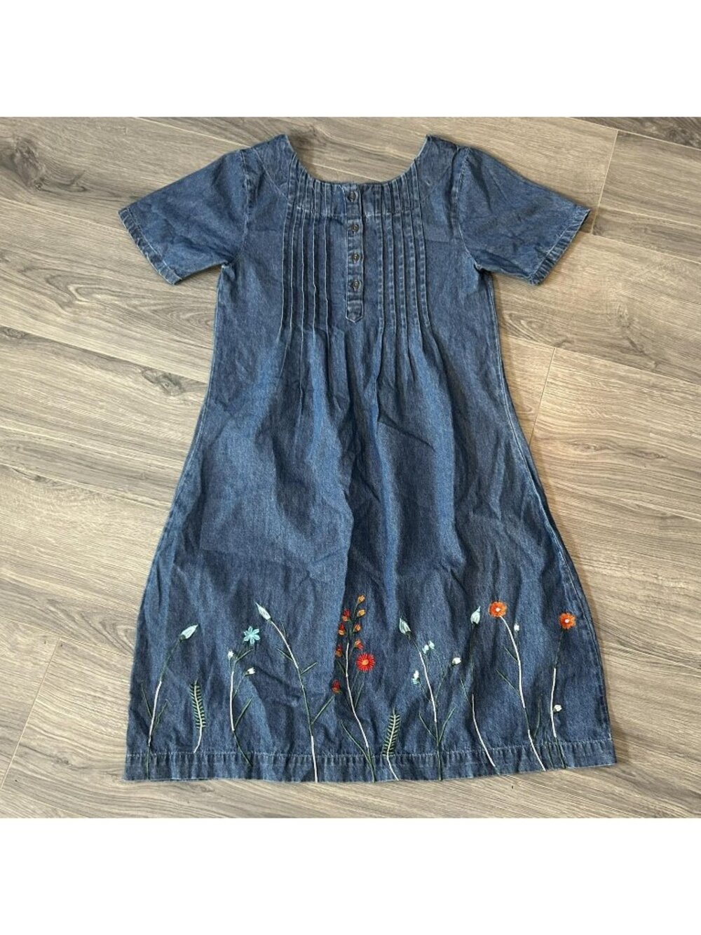 The Vermont Country Store Dress Womens S Blue Denim Embroidered Floral A-Line